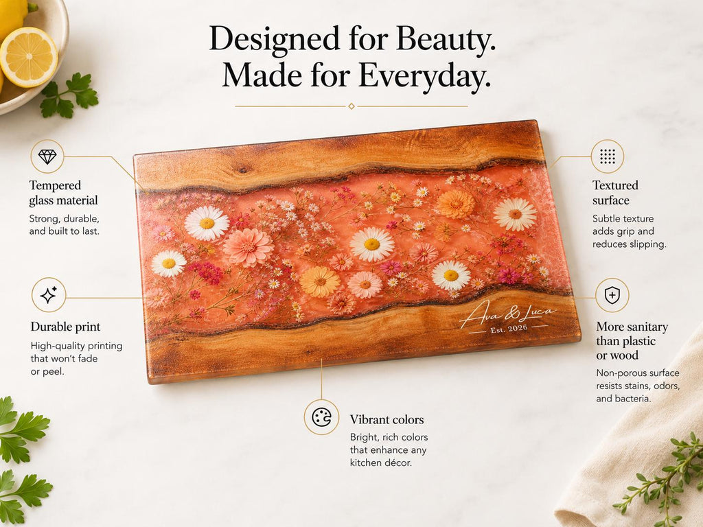Personalized Floral Kitchen Decor Board, Coral Wildflower Serving Board, Custom Couple Housewarming Gift