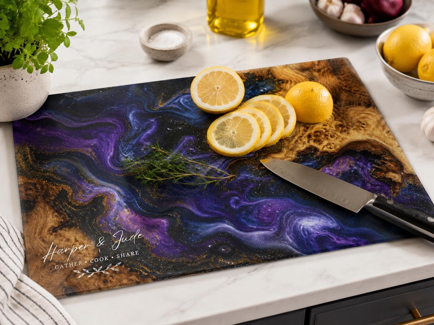 Glass Cutting Board: Personalized Blue Resin Style (Wedding or Housewarming)
