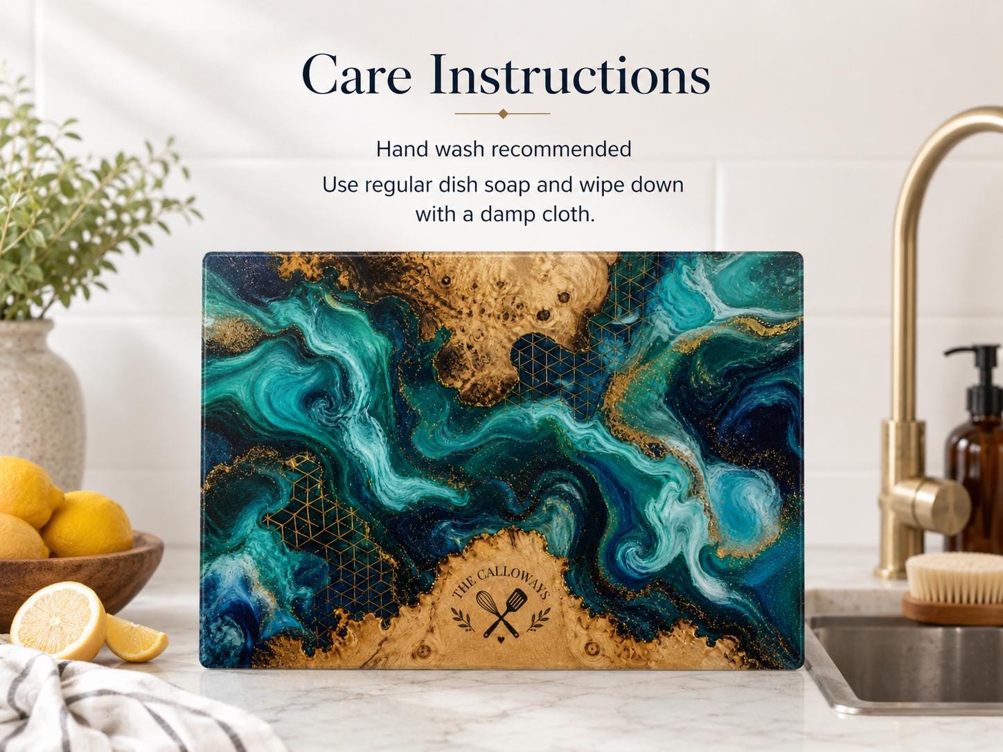 Personalized Glass Cutting Board - Blue Resin Style with Gold Details