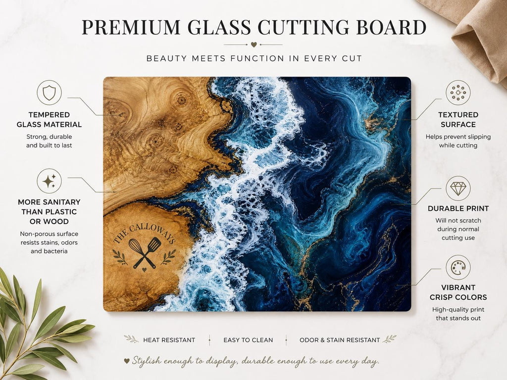 Personalized Glass Cutting Board: Purple Geode Design with Names