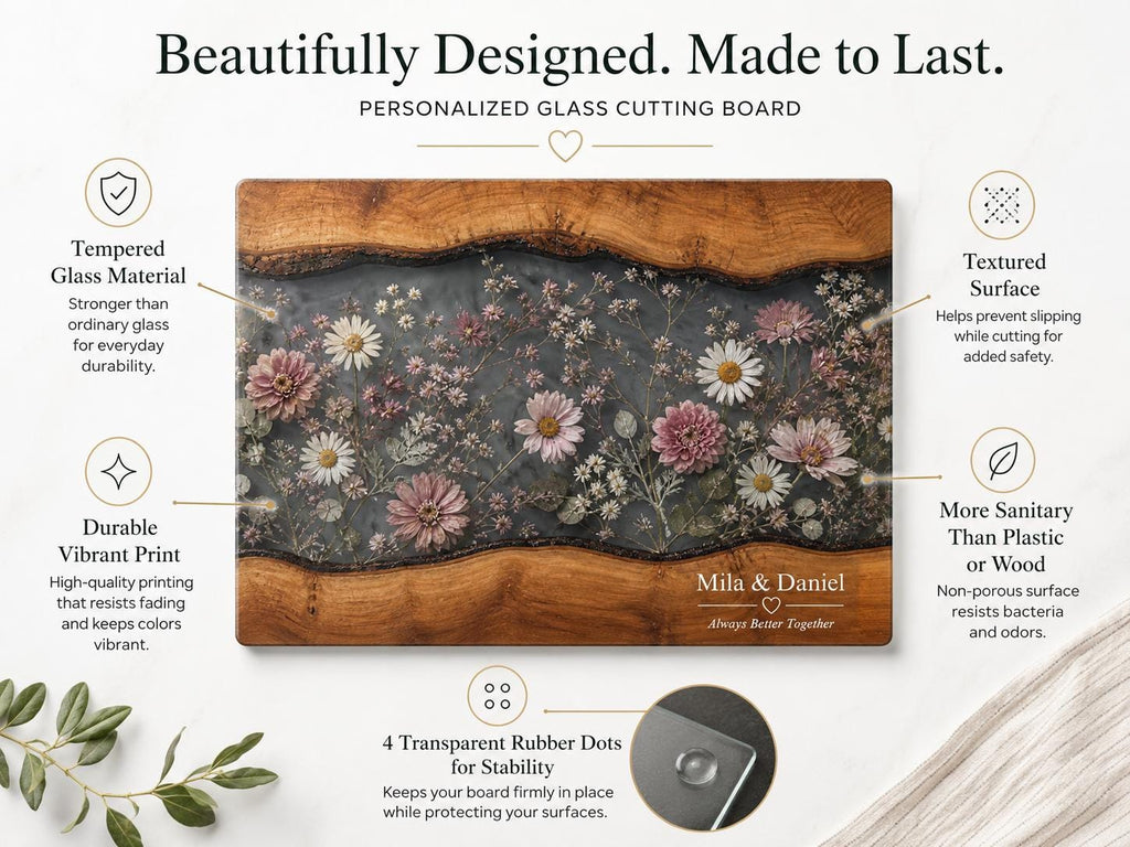 Personalized Floral Cutting Board, Dark Wildflower Glass Board, Custom Couple Kitchen Gift