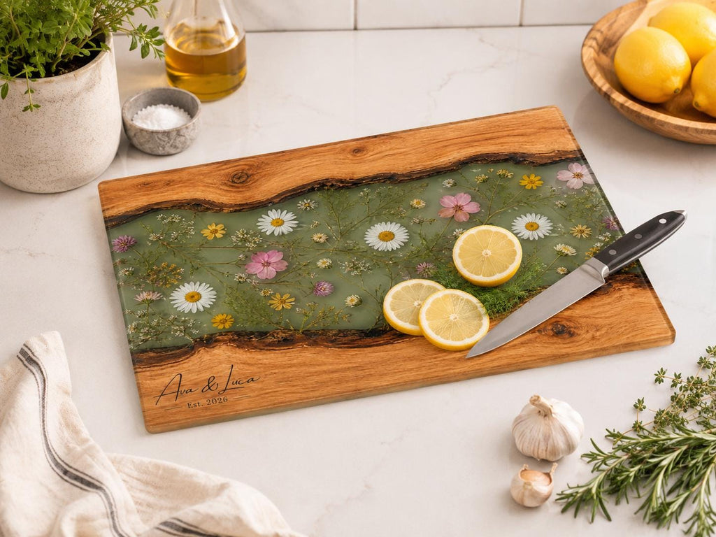 Custom Glass Cutting Board - Blue Resin Style with Gold Details