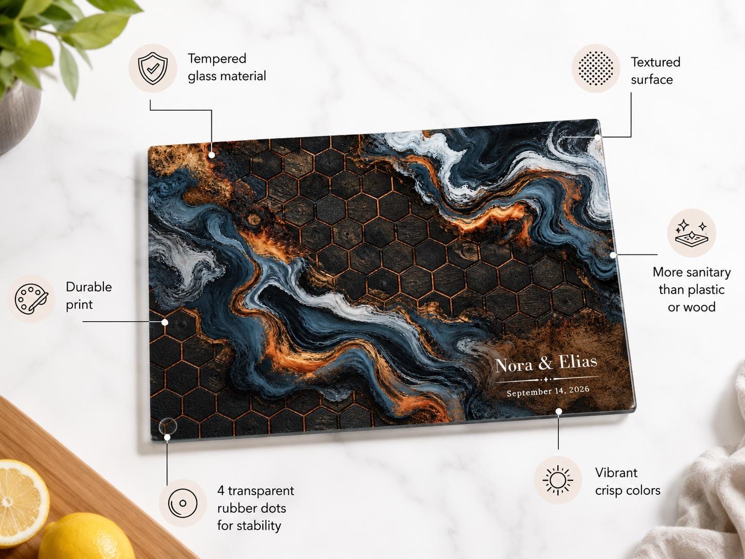 Custom Glass Cutting Board - Blue Resin Style with Gold Detail