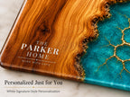Personalized Glass Charcuterie Board, Teal Wood Look Serving Board, Custom Cheese Board Gift for Wedding or Housewarming