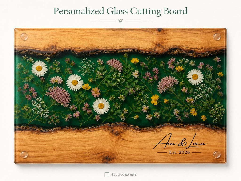 Custom Glass Cutting Board: Blue Resin Style - Personalized Names Included