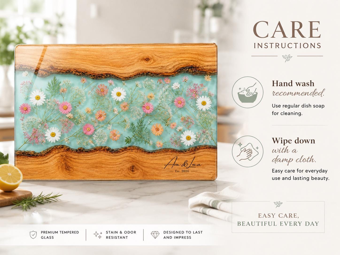 Personalized Glass Cutting Board: Blue Resin Look with Gold Accents