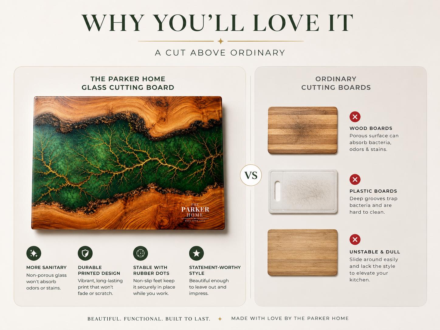 Personalized Emerald Geode Glass Board, Custom Family Kitchen Decor, Wood Look Housewarming Gift