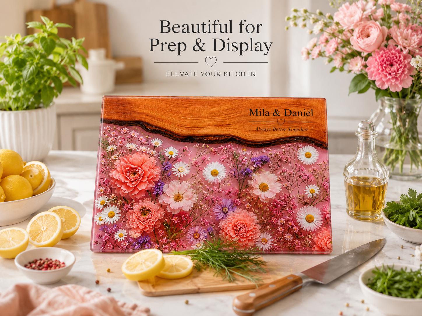 Personalized Glass Cutting Board, Pink Floral Tempered Glass Board, Custom Couple Wedding Gift