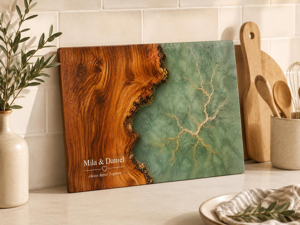 Personalized Charcuterie Board, Green Marble Glass Cutting Board, Custom Couple Gift