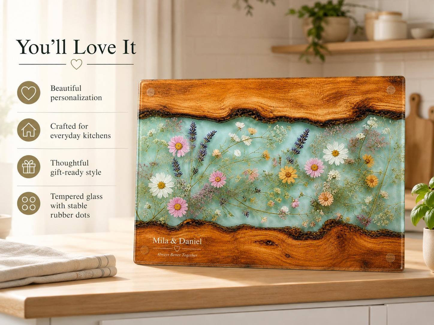Glass Charcuterie Board: Personalized Blue Resin Design (Two Sizes)