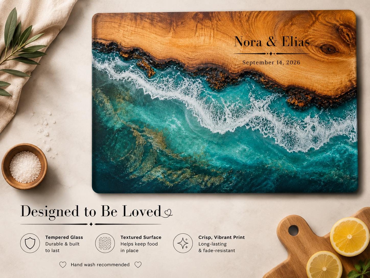 Personalized Beach Cutting Board, Ocean Wave Glass Board, Custom Couple Kitchen Gift