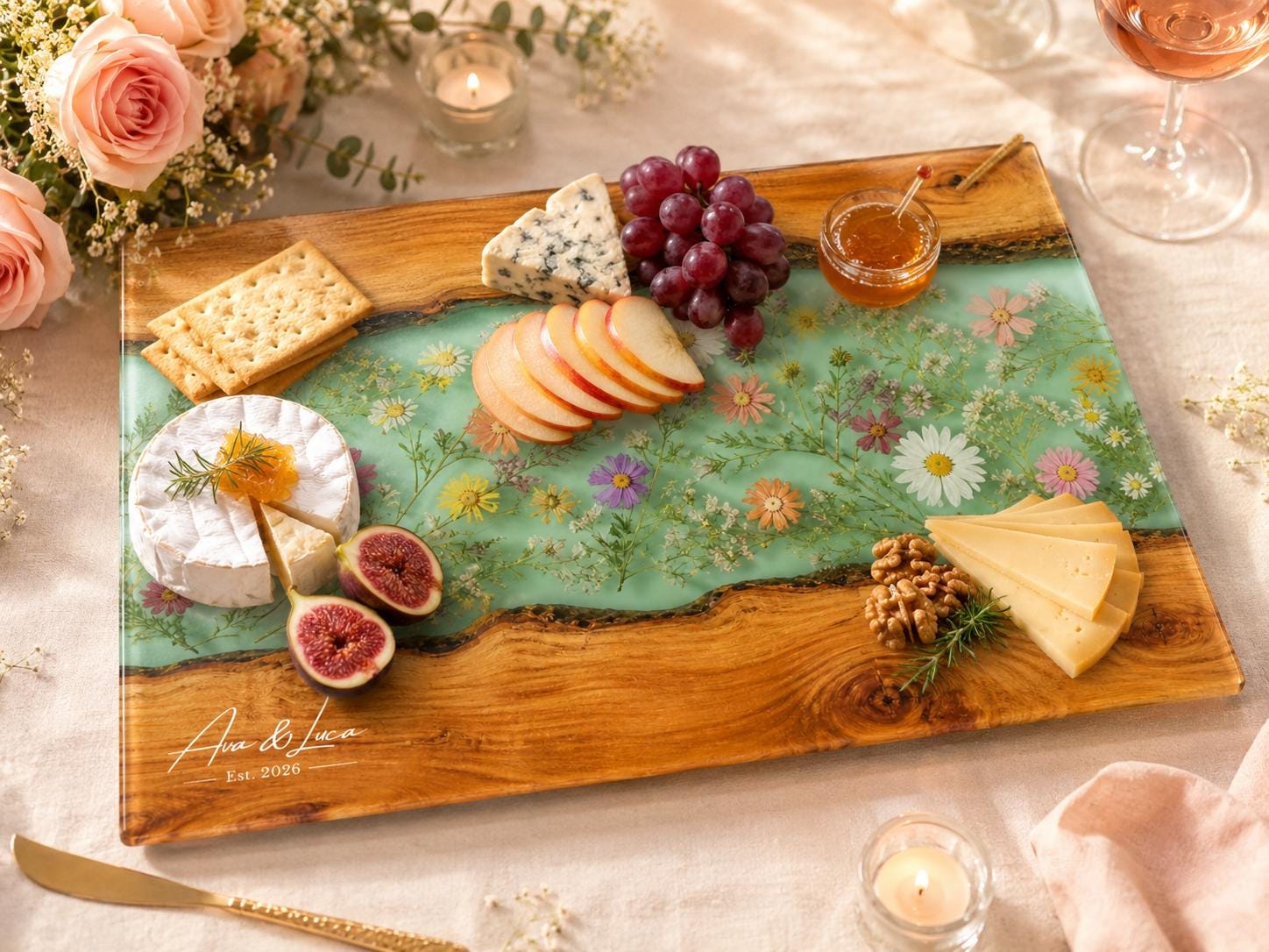 Custom Chopping Board with Names, Mint Floral Glass Cutting Board, Personalized Kitchen Gift