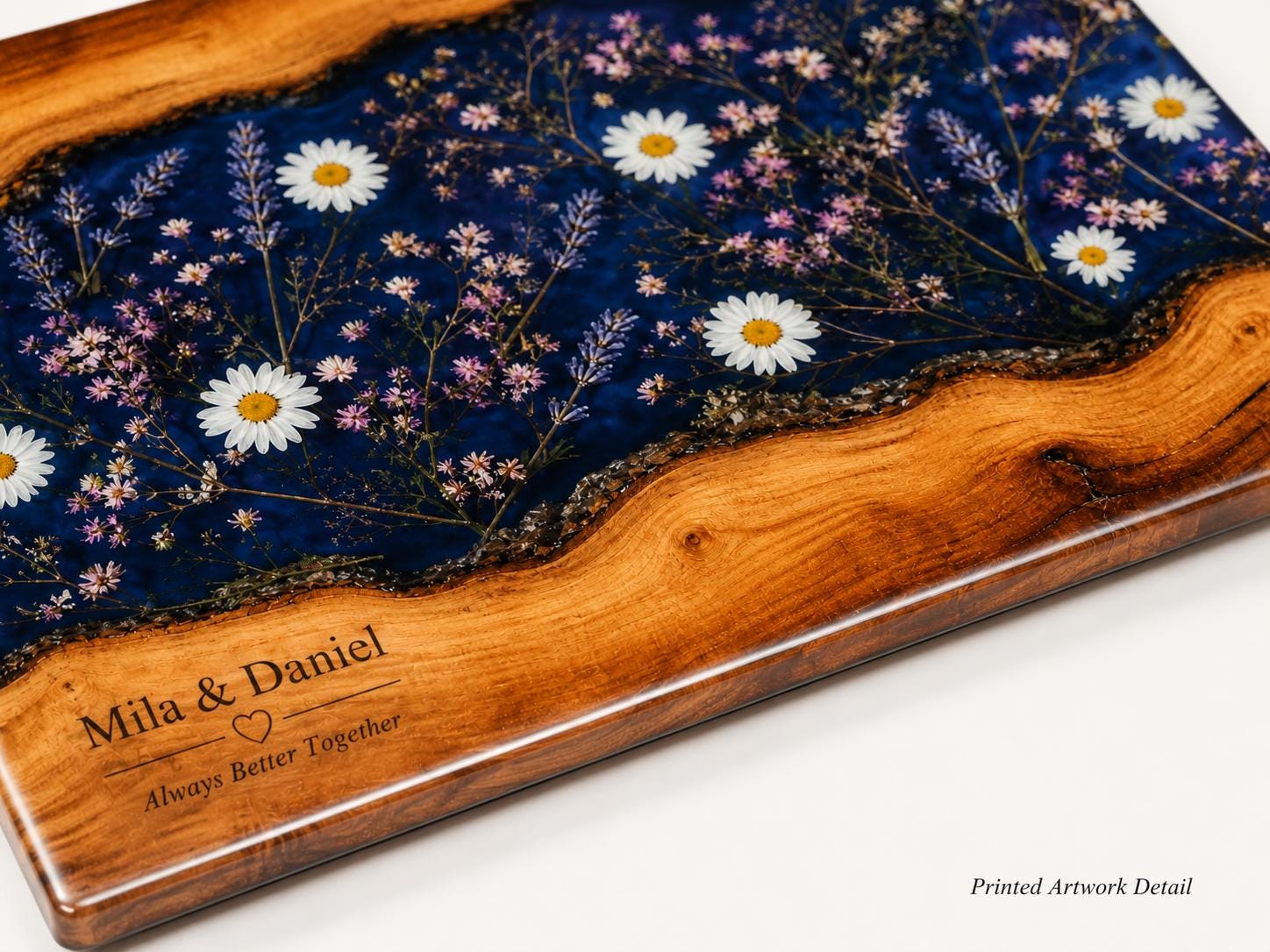 Personalized Glass Cutting Board: Blue Resin Look with Gold Accents