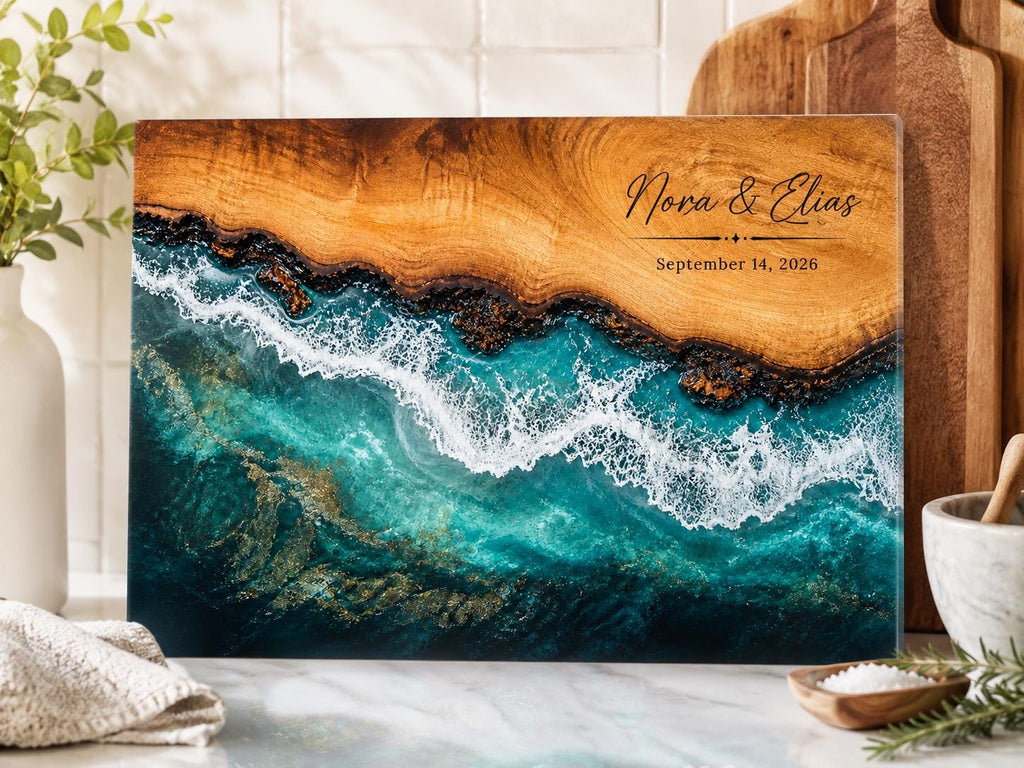 Personalized Beach Cutting Board, Ocean Wave Glass Board, Custom Couple Kitchen Gift
