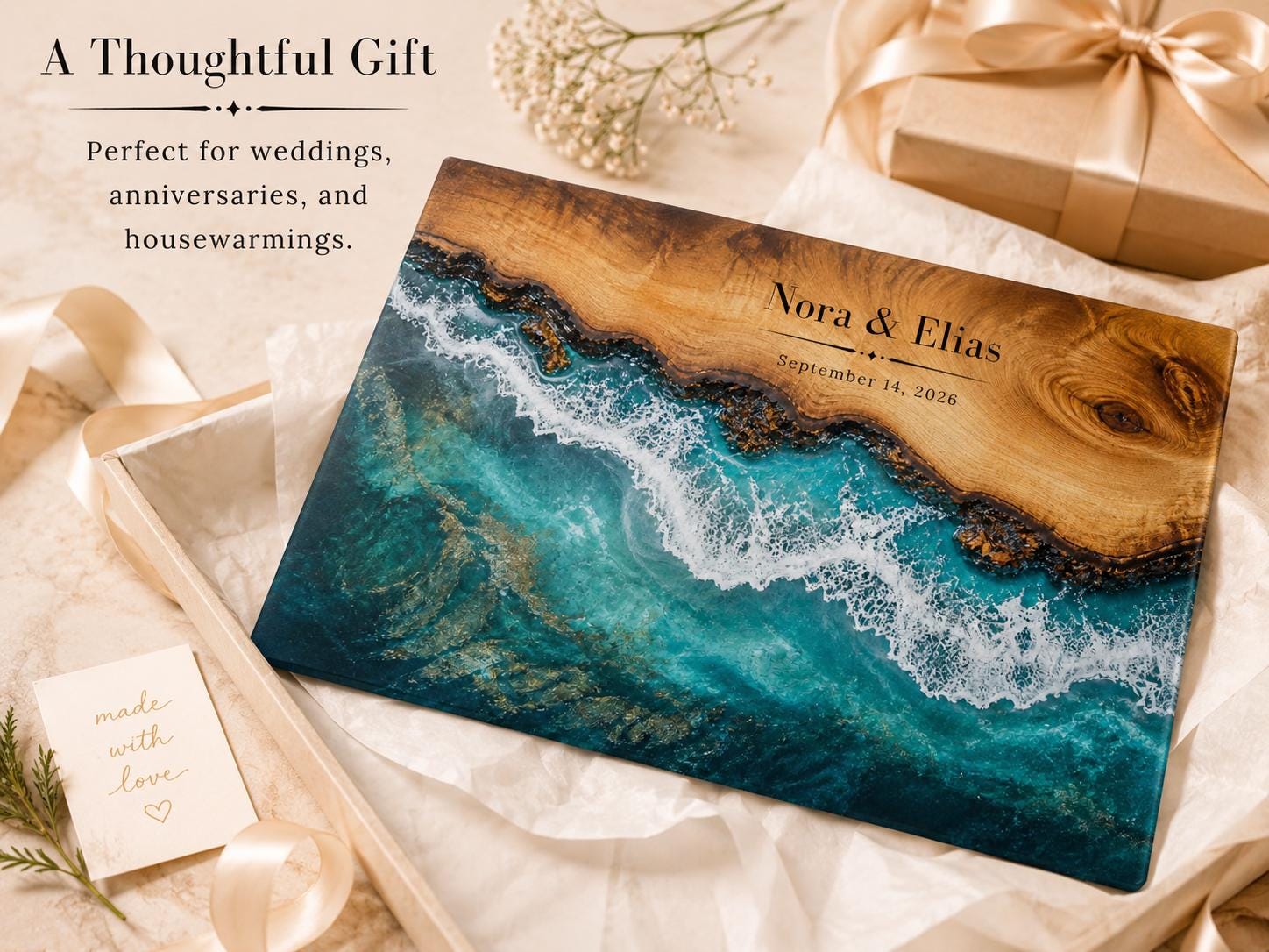 Personalized Beach Cutting Board, Ocean Wave Glass Board, Custom Couple Kitchen Gift