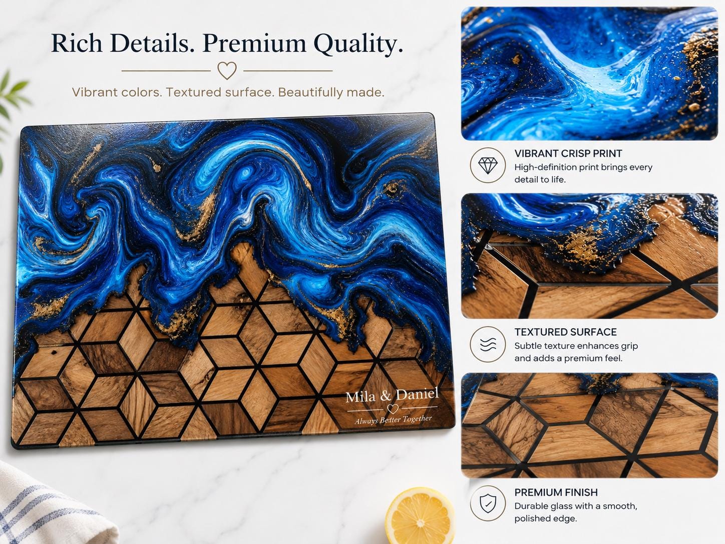 Custom Glass Cutting Board: Blue Resin Style - Names and Dates Included