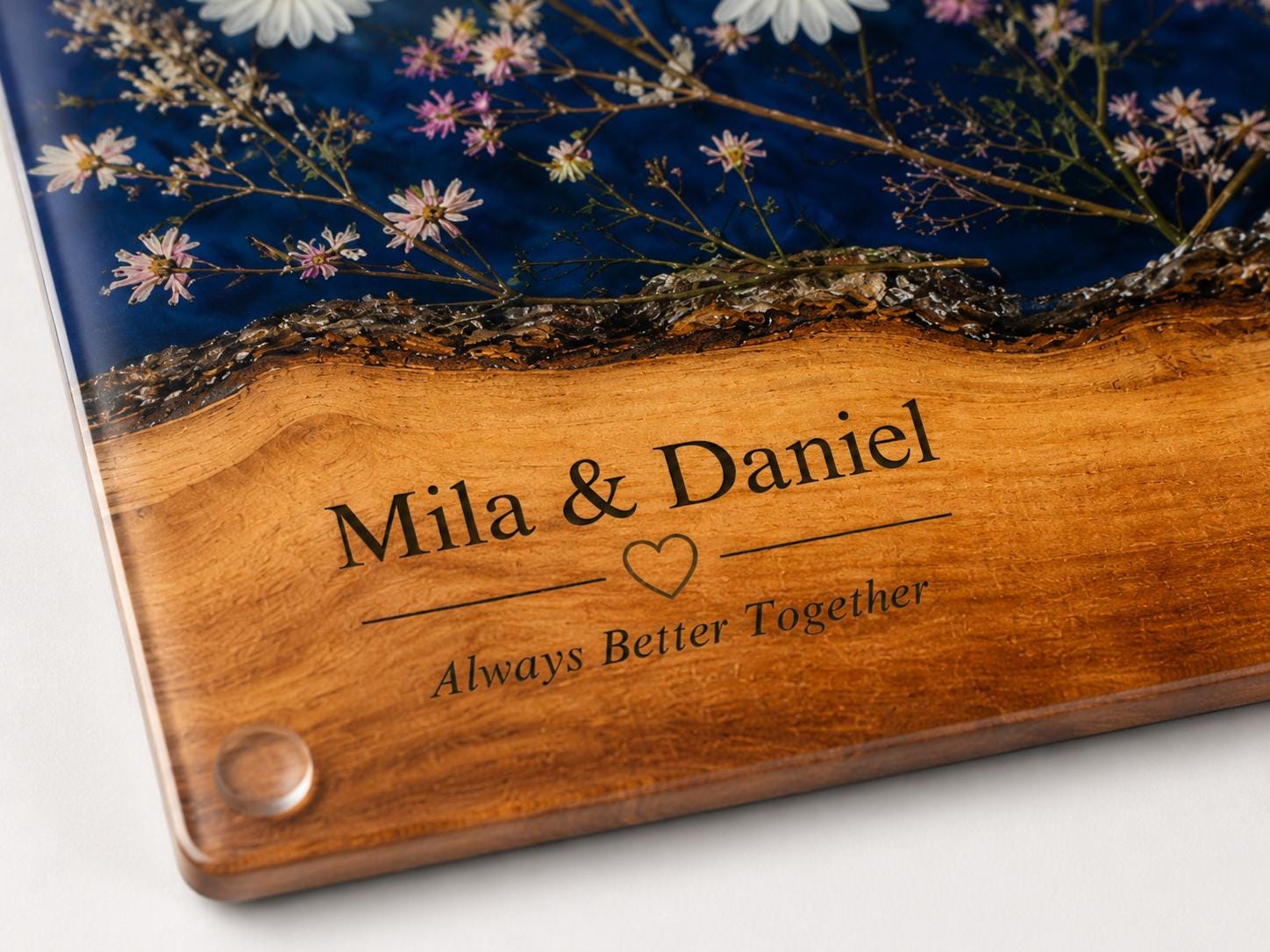 Personalized Glass Cutting Board: Blue Resin Look with Gold Accents
