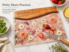 Personalized Floral Charcuterie Board, Pink Glass Serving Board, Custom Couple Cheese Board Gift