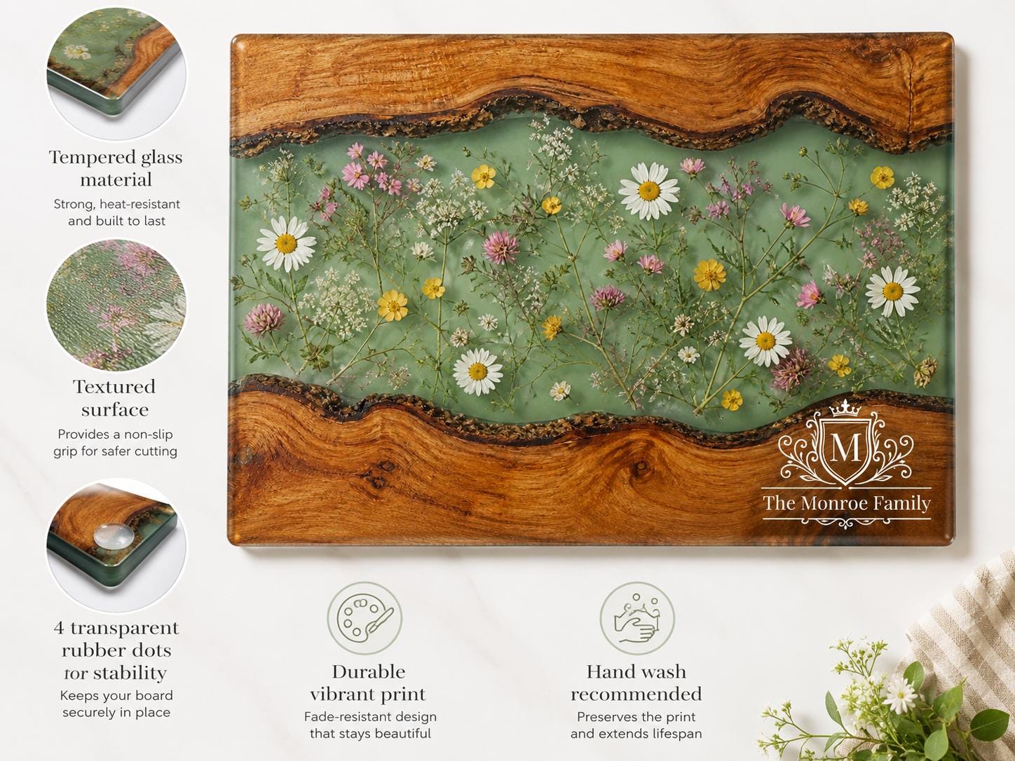 Personalized Cutting Board, Green Floral Chopping Board, Family Kitchen Gift