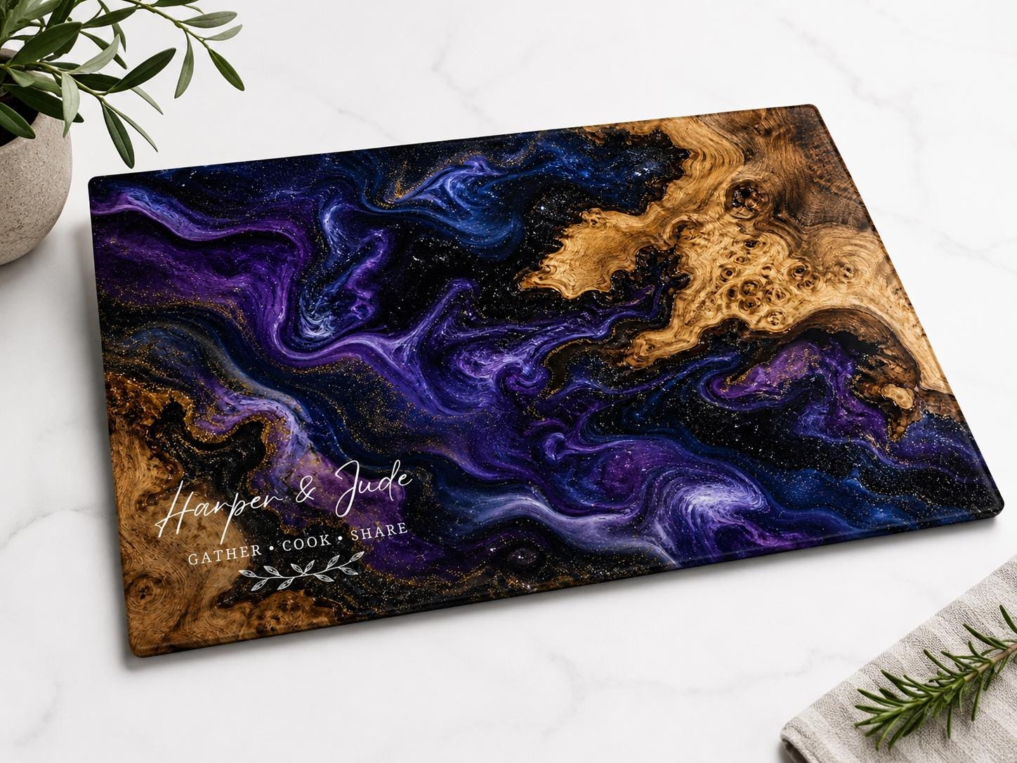 Glass Cutting Board: Personalized Blue Resin Style (Wedding or Housewarming)