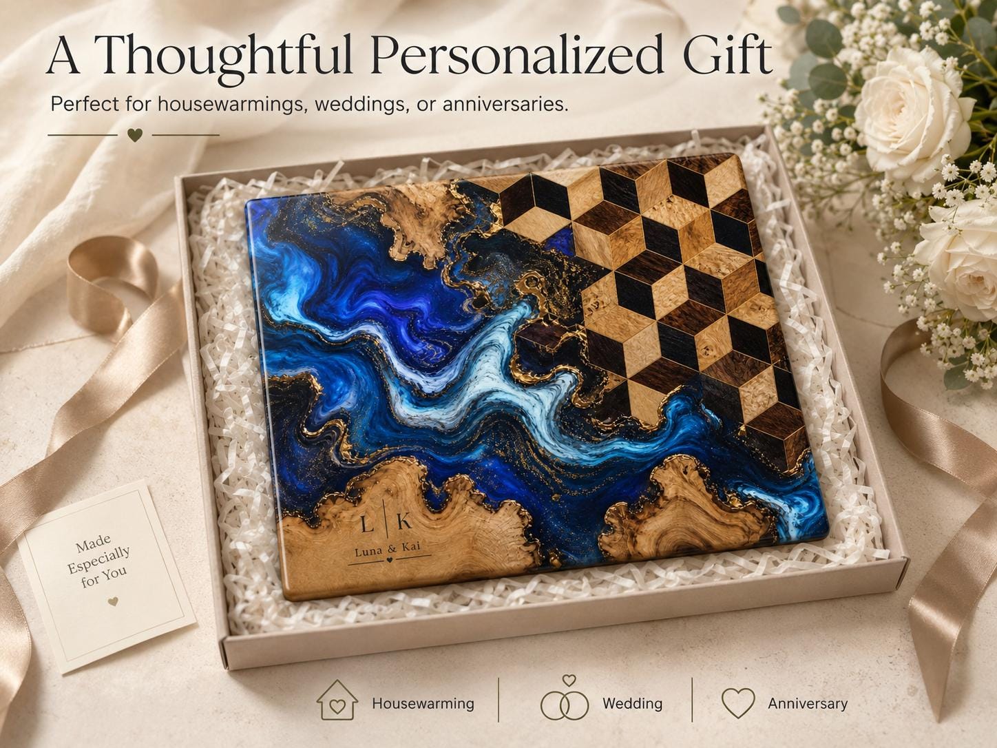 Personalized Glass Cutting Board, Blue Resin & Wood Design (8x11 or 11x15)