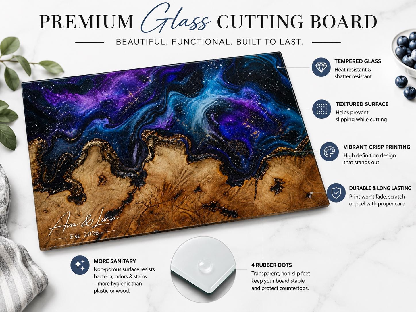 Custom Glass Cutting Board: Purple Geode Style - Personalized Names