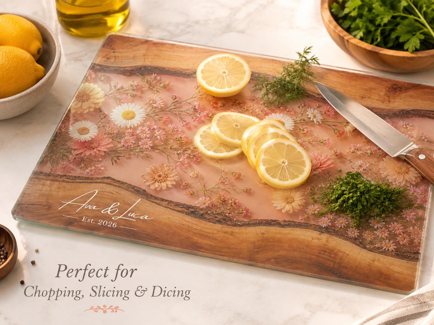 Personalized Blush Floral Kitchen Decor Board, Custom Couple Serving Board, Romantic Housewarming Gift