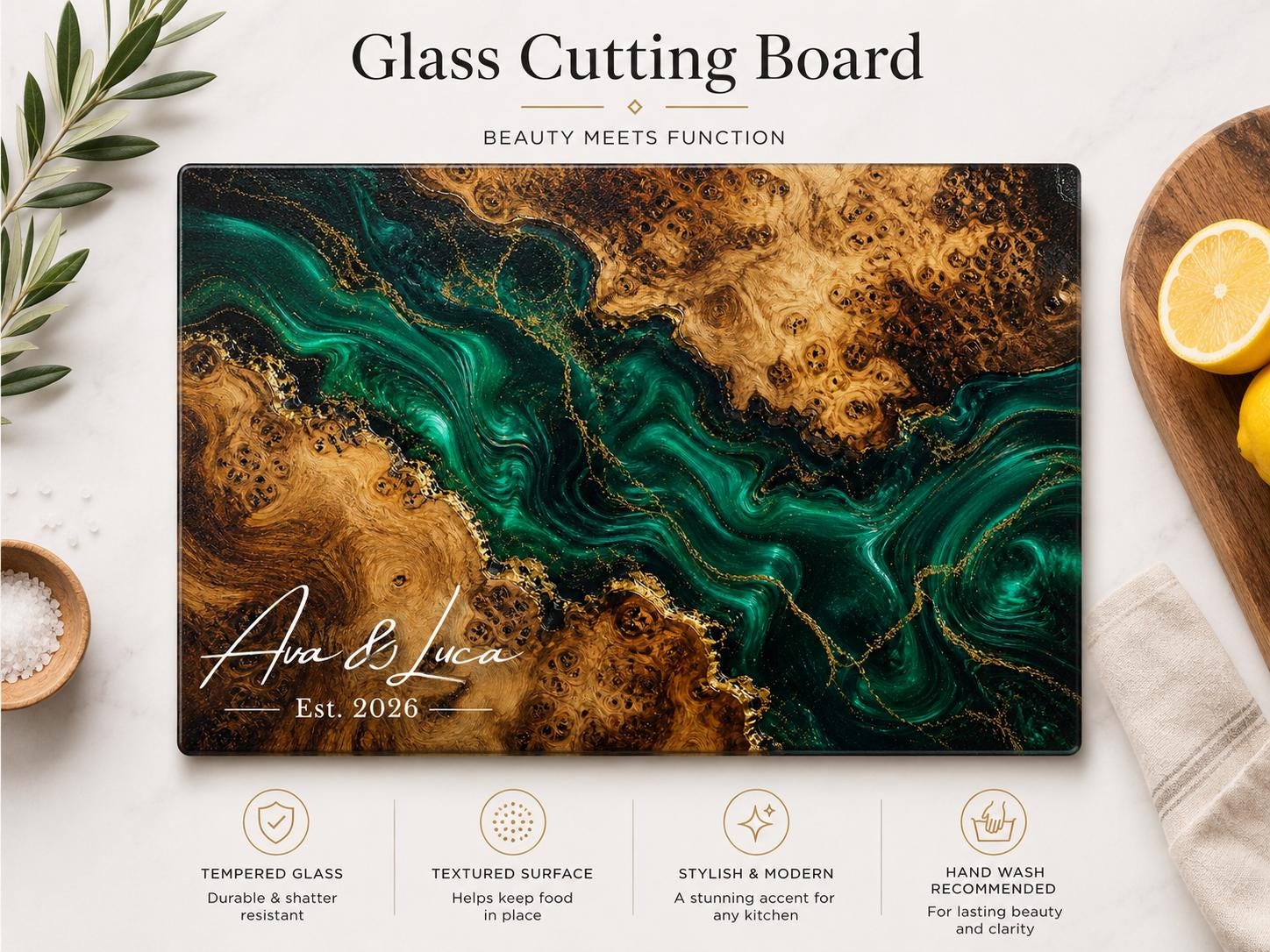 Personalized Green Chopping Board, Wood Grain Charcuterie Board, Wedding Gift Idea