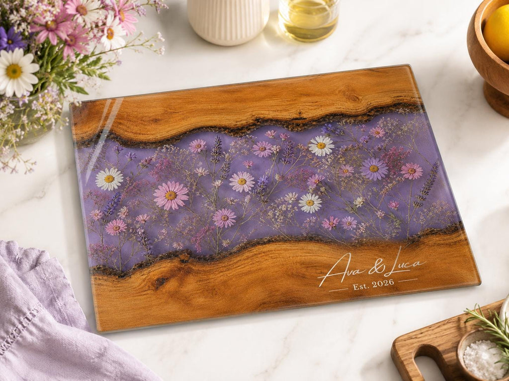 Glass Charcuterie Board - Custom Names, Blue and Wood Grain Design
