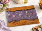 Glass Charcuterie Board - Custom Names, Blue and Wood Grain Design