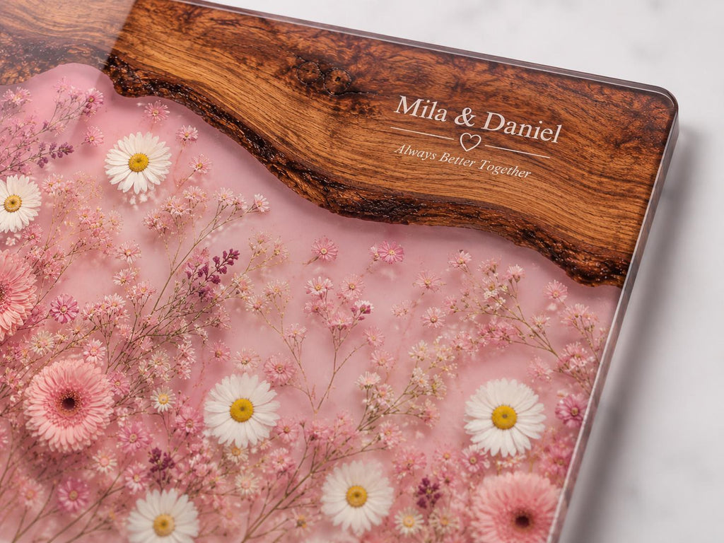 Personalized Pink Daisy Serving Board, Floral Glass Charcuterie Board, Custom Couple Wedding Gift