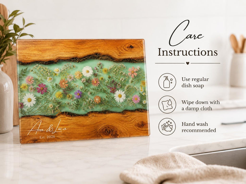 Custom Chopping Board with Names, Mint Floral Glass Cutting Board, Personalized Kitchen Gift