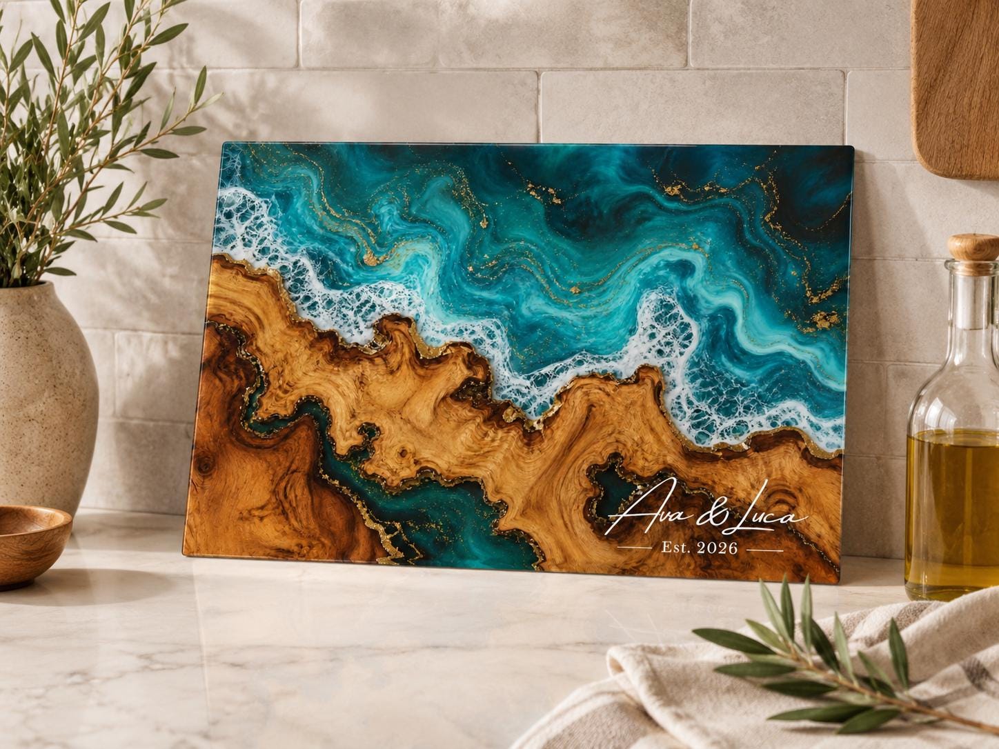Personalized Cutting Board, Ocean Wave Charcuterie Board, Coastal Kitchen Gift
