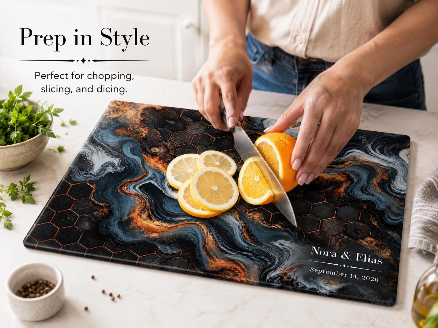 Custom Glass Cutting Board - Blue Resin Style with Gold Detail