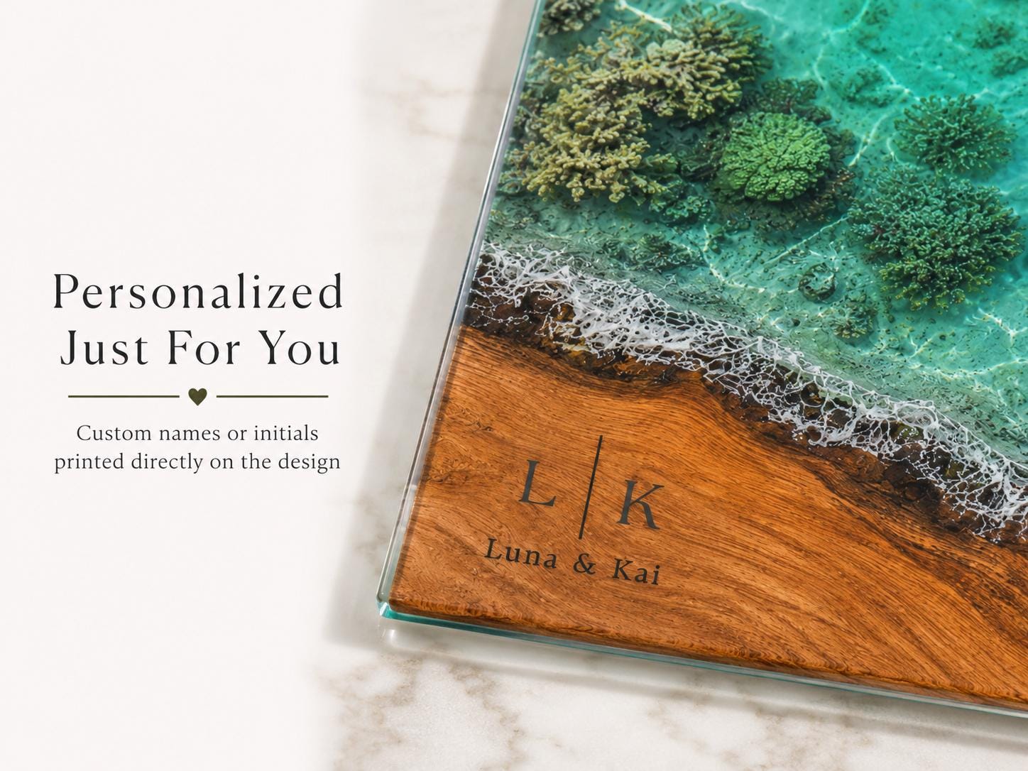 Personalized Glass Cutting Board: Blue Resin Look, Custom Names