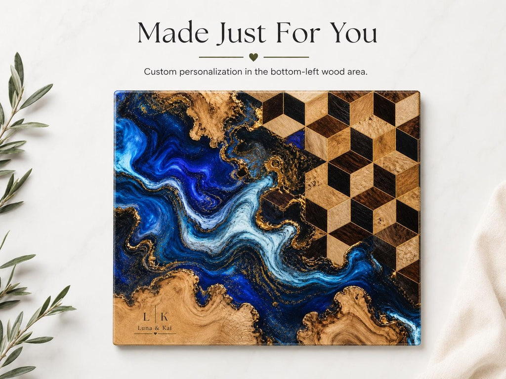 Personalized Glass Cutting Board, Blue Resin & Wood Design (8x11 or 11x15)