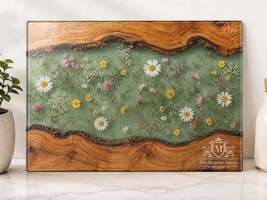 Personalized Cutting Board, Green Floral Chopping Board, Family Kitchen Gift