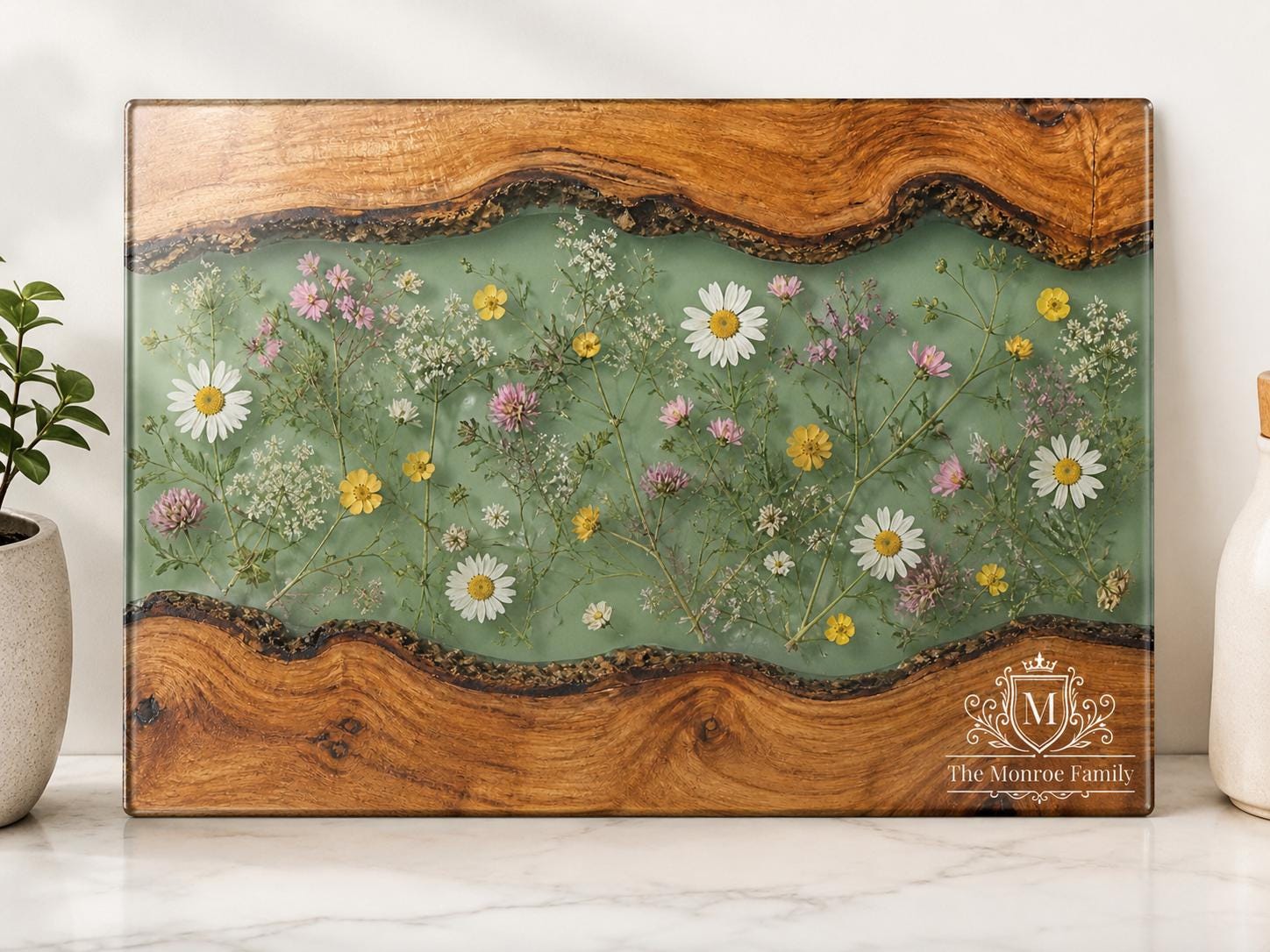 Personalized Cutting Board, Green Floral Chopping Board, Family Kitchen Gift