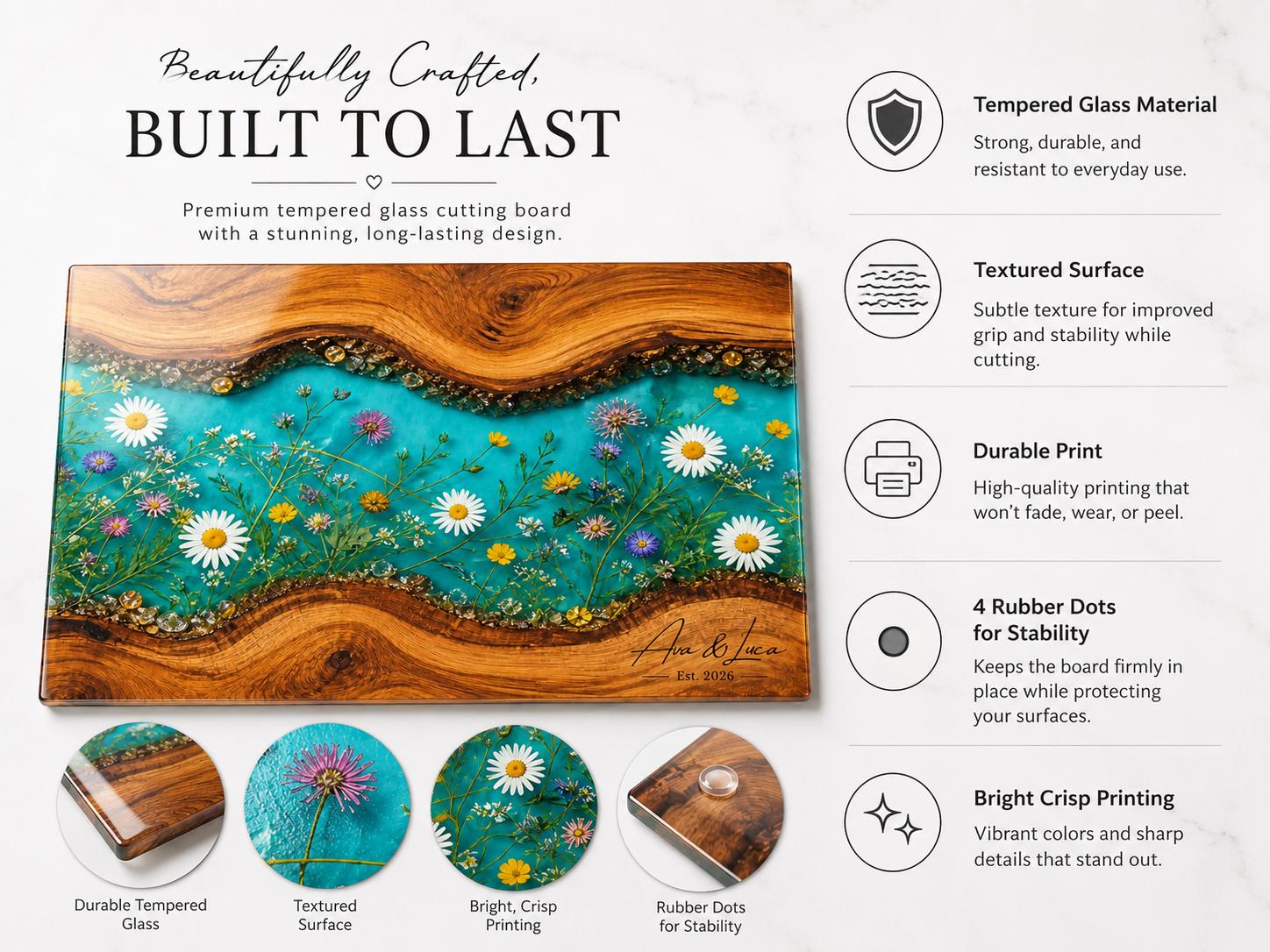 Personalized Turquoise Floral Glass Board, Custom Couple Cutting Board, Wildflower Kitchen Gift