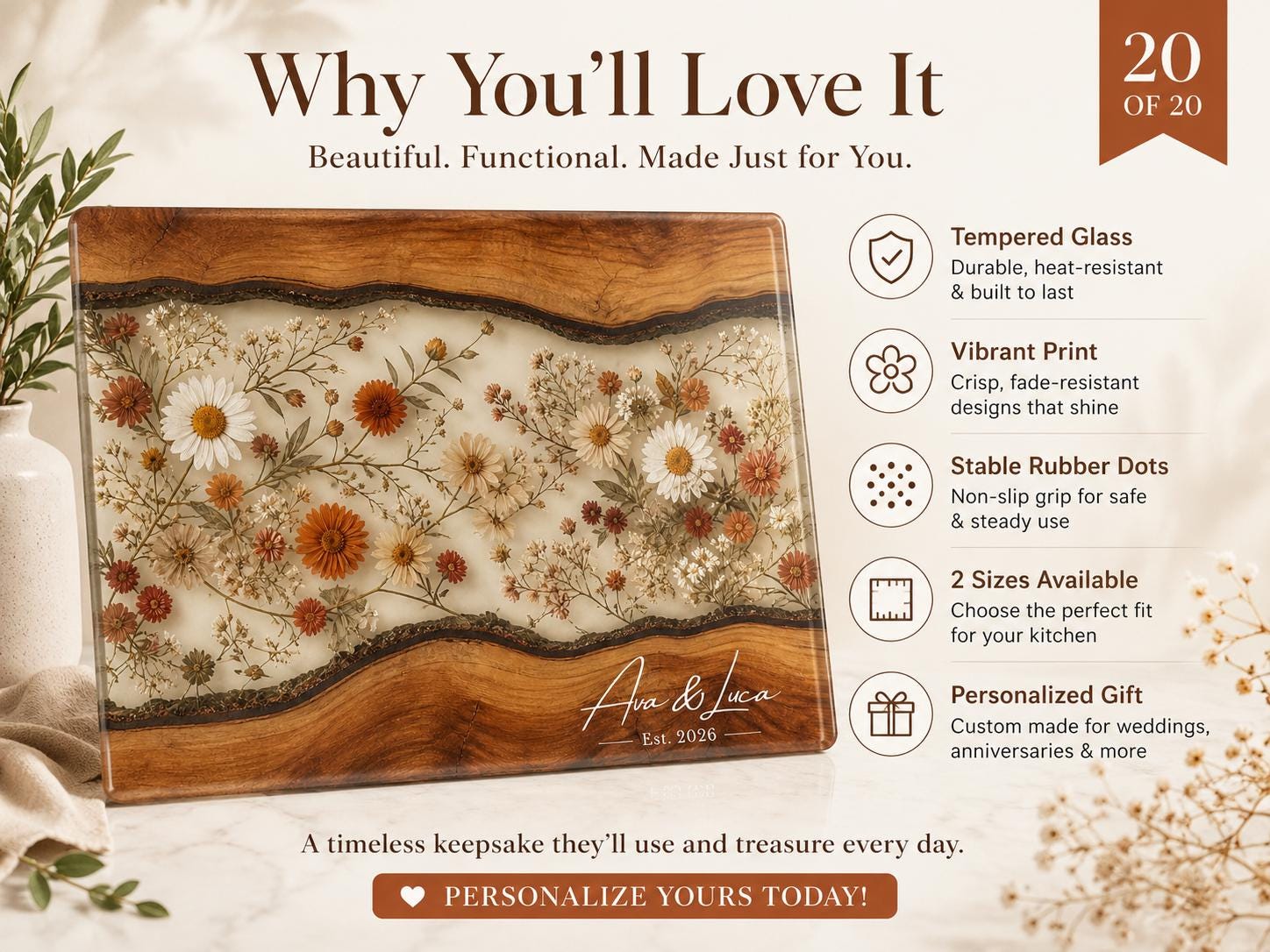 Personalized Floral Cutting Board, Custom Wood Chopping Board, Wildflower Charcuterie Board, Cheese Board Serving Tray