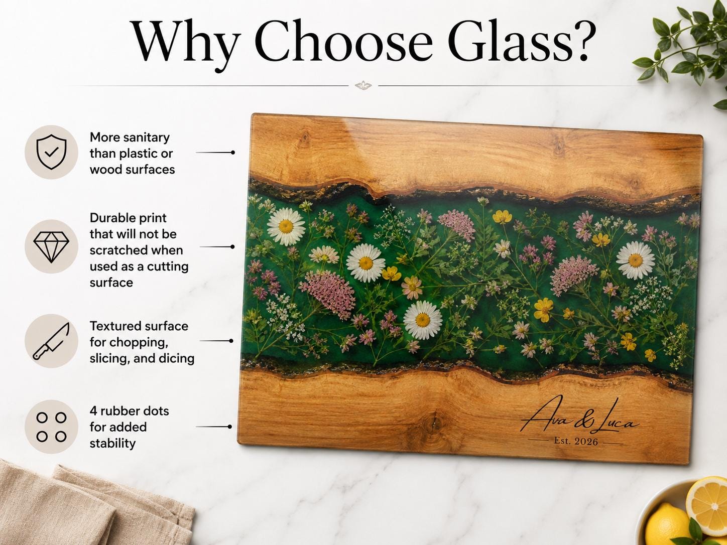 Custom Glass Cutting Board: Blue Resin Style - Personalized Names Included