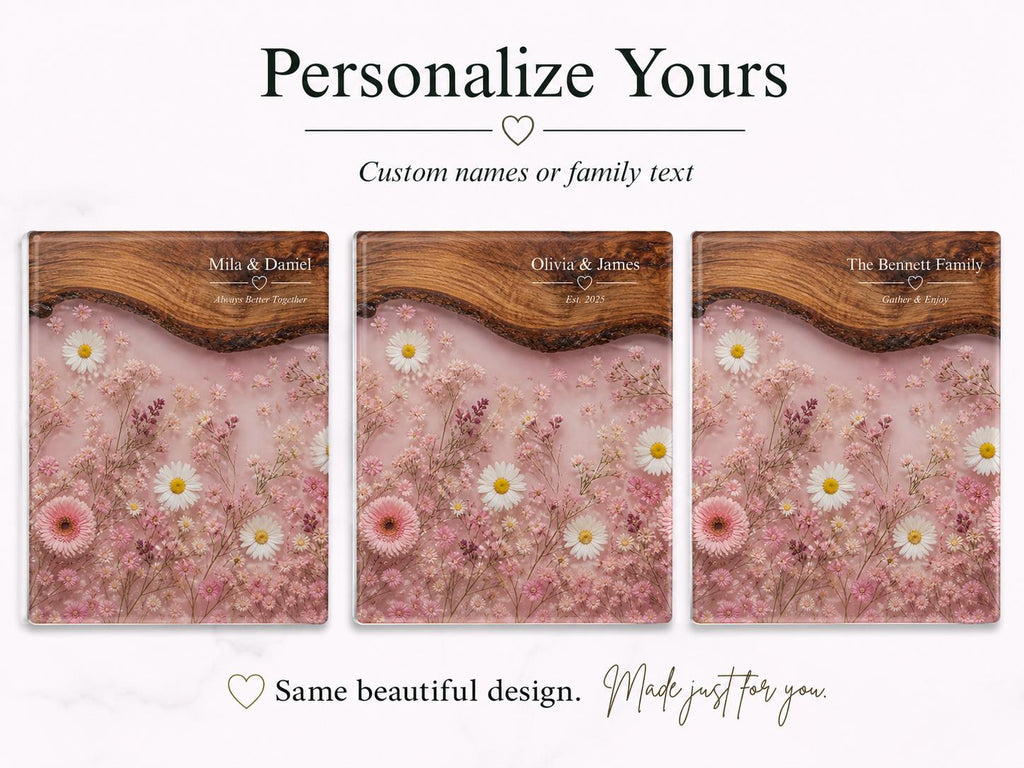 Personalized Pink Daisy Serving Board, Floral Glass Charcuterie Board, Custom Couple Wedding Gift