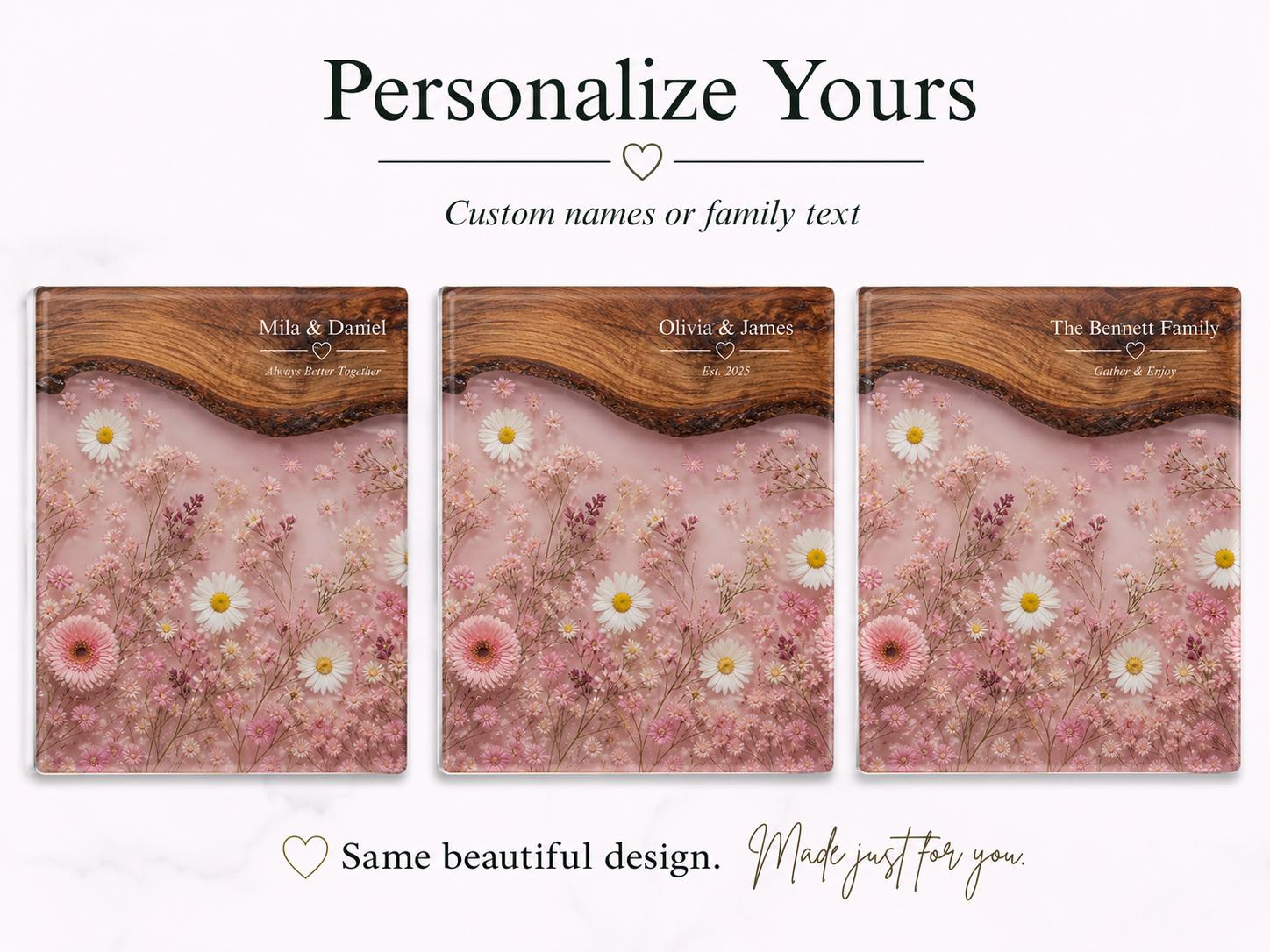 Personalized Pink Daisy Serving Board, Floral Glass Charcuterie Board, Custom Couple Wedding Gift