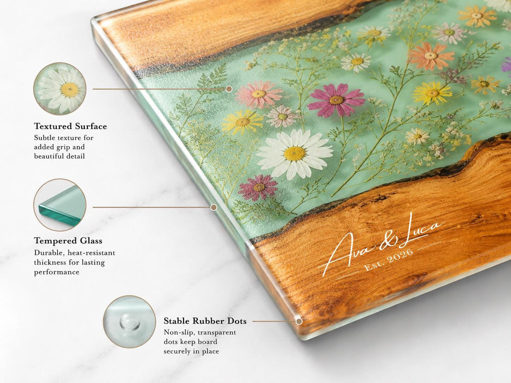 Custom Chopping Board with Names, Mint Floral Glass Cutting Board, Personalized Kitchen Gift