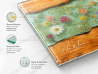 Custom Chopping Board with Names, Mint Floral Glass Cutting Board, Personalized Kitchen Gift