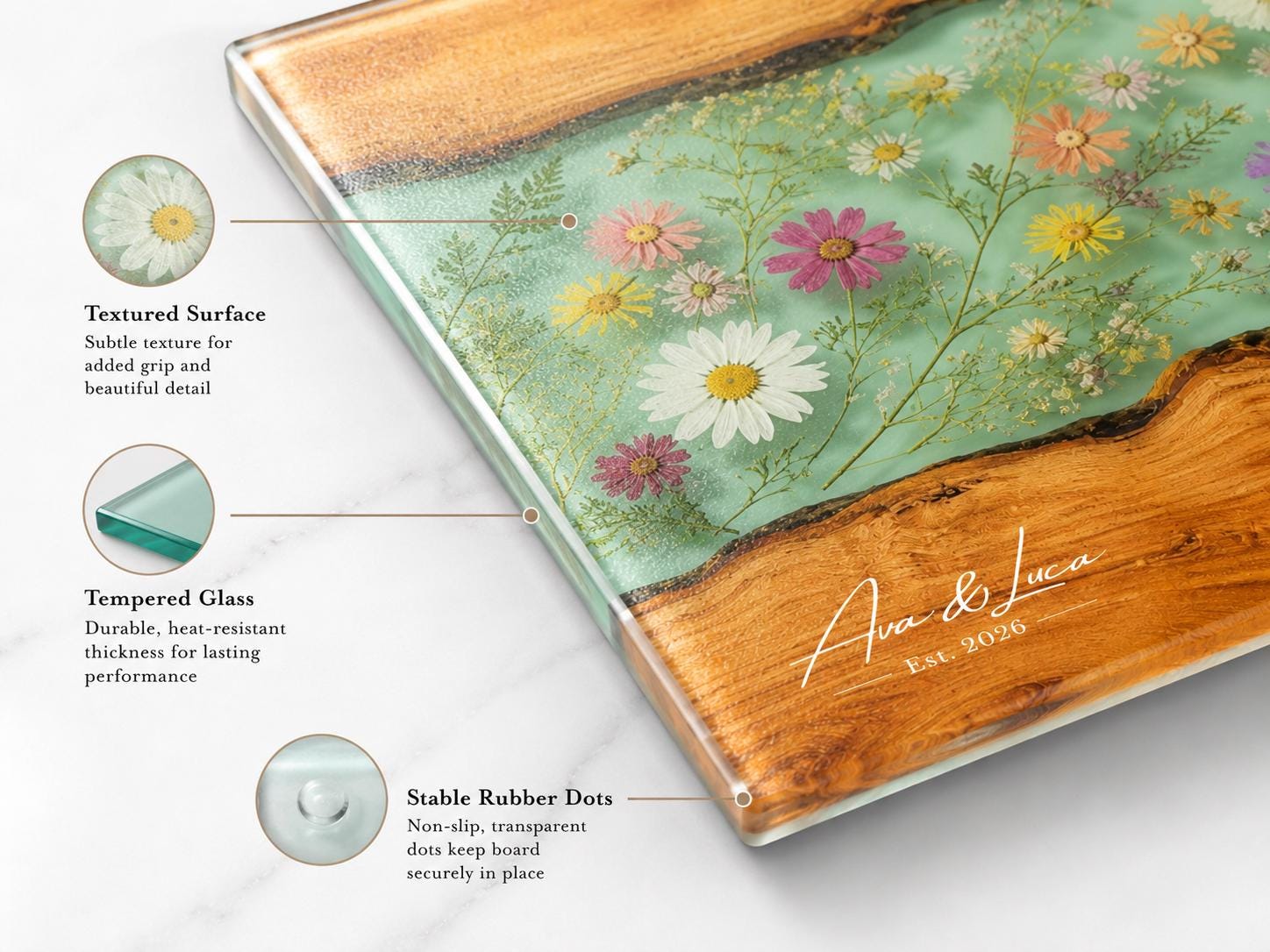 Custom Chopping Board with Names, Mint Floral Glass Cutting Board, Personalized Kitchen Gift