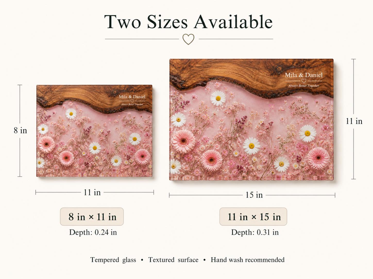 Personalized Pink Daisy Serving Board, Floral Glass Charcuterie Board, Custom Couple Wedding Gift