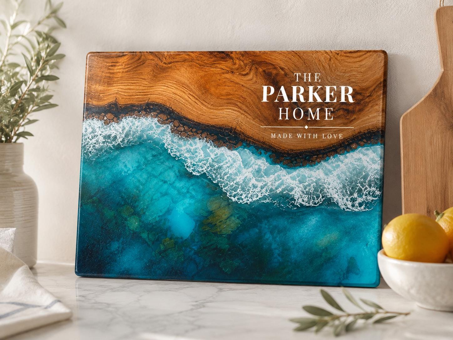 Custom Glass Cutting Board - Purple Geode Design with Couple Names