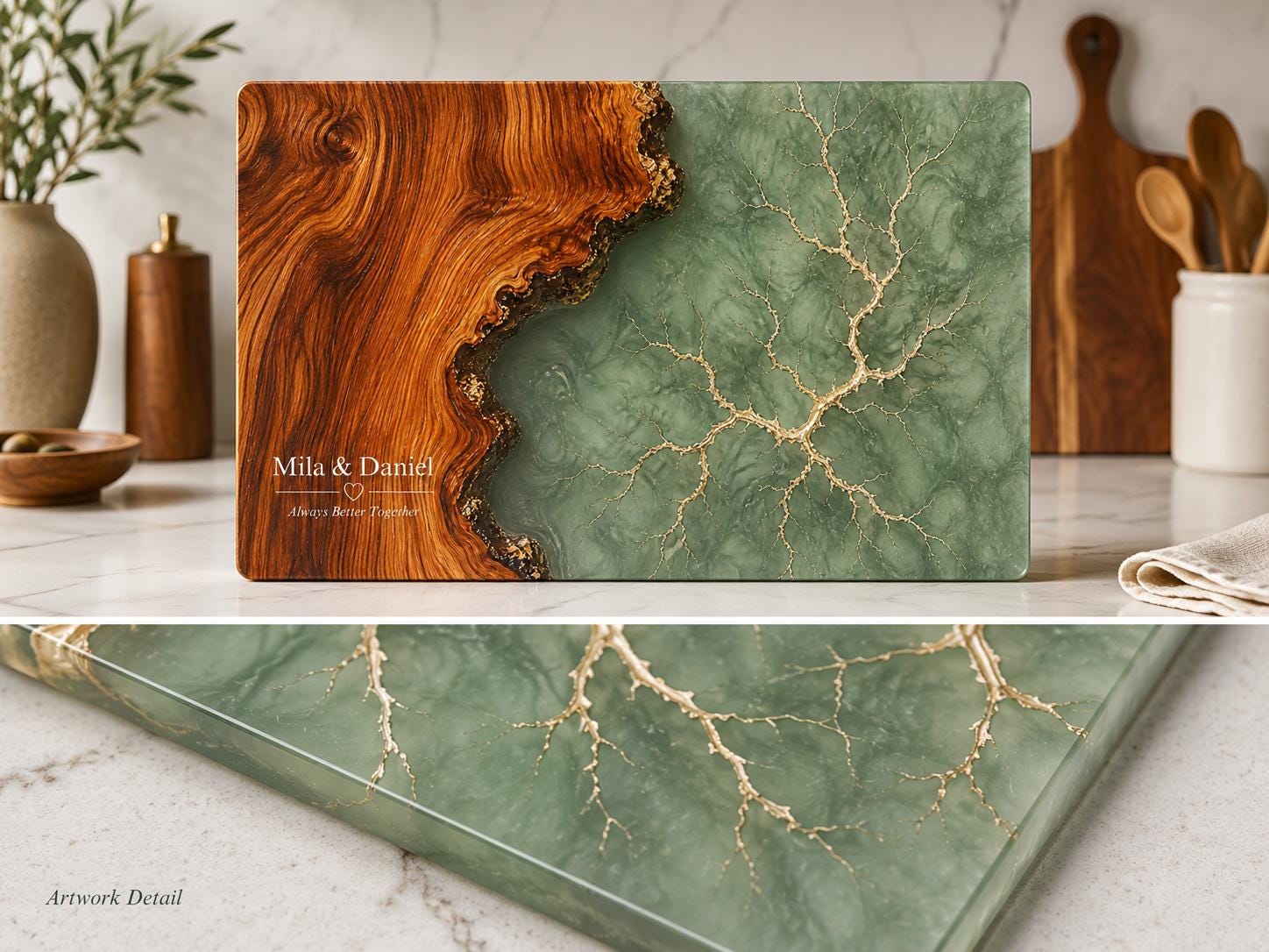 Personalized Charcuterie Board, Green Marble Glass Cutting Board, Custom Couple Gift