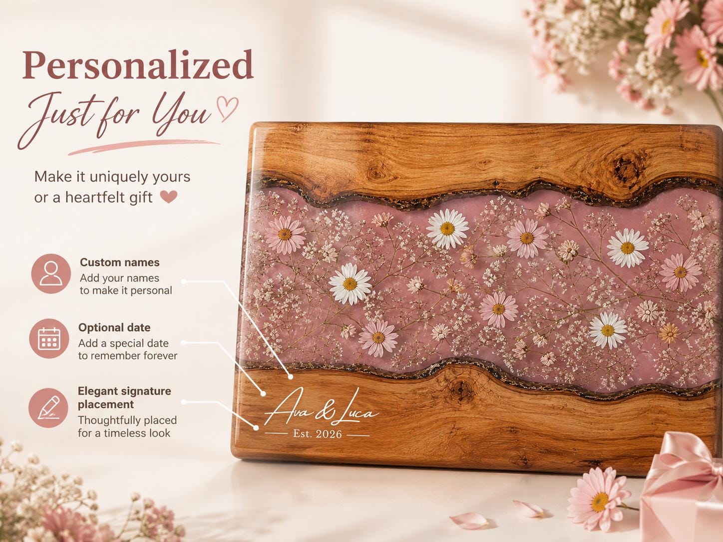 Custom Cutting Board: Blue Resin Style - Tempered Glass, Personalized Names